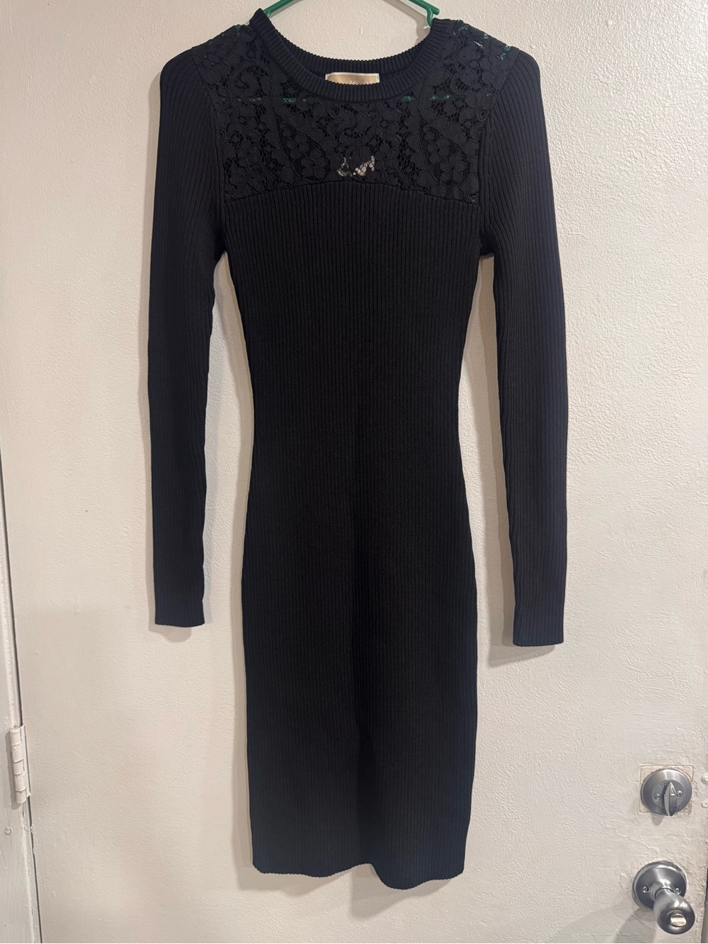 Michael Kors Black Long-Sleeve Ribbed Knit Dress with Lace Yoke NWT Size Small